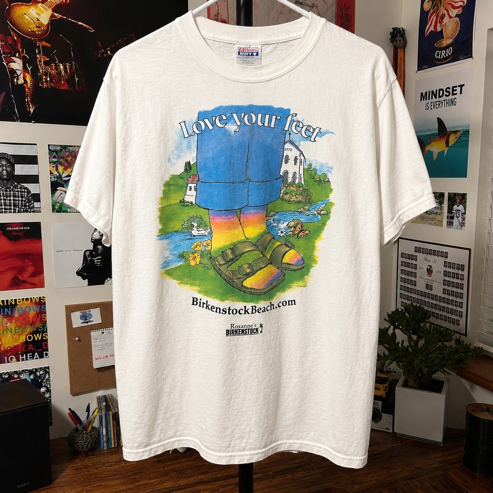 Birkenstock T Shirt Small White Vintage 90s Hanes Beefy Love Your Feet Graphic S